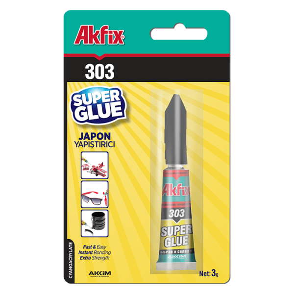 چسب قطره ای آکفیکس Akfix superglue 303، از دیگر انواع چسب های قطره ای تولید شده توسط برند آکفیکس است که بر پایه سیانواکریلات می‌باشد و از سرعت خشک شدن بالایی برخوردار است و در زمانی بسیار کوتاه سطوح را به‌هم می‌چسباند. در مصارفی که نیاز به خشک شدن فوری چسب می‌باشد این محصول مناسب است.